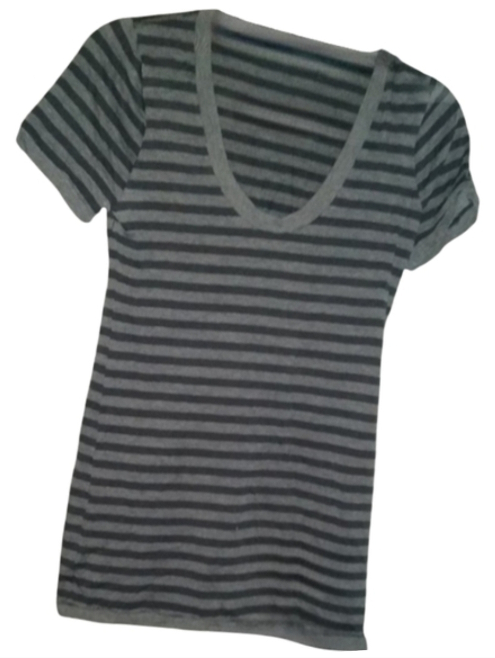 Metalicus Gray Navy Blue Stripes Deep V Neck Top Striped T Shirt Stretchy Tee M